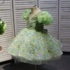 Green V-neck bow short floral children's dress, birthday party dress, wedding dress