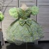 Green V-neck bow short floral children's dress, birthday party dress, wedding dress