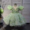 Green V-neck bow short floral children's dress, birthday party dress, wedding dress