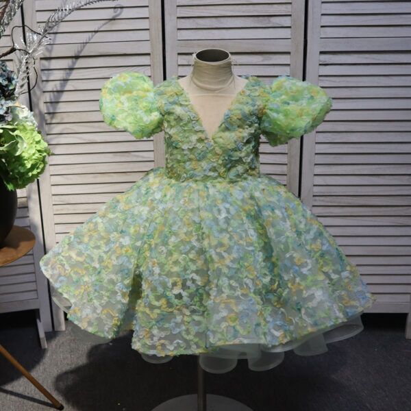 Green V-neck bow short floral children's dress, birthday party dress, wedding dress