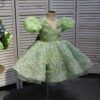 Green V-neck bow short floral children's dress, birthday party dress, wedding dress