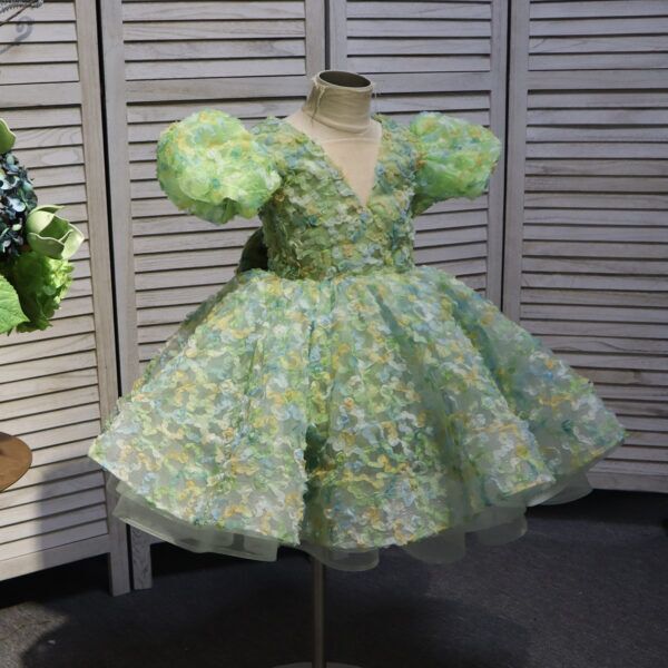 Green V-neck bow short floral children's dress, birthday party dress, wedding dress