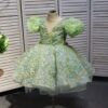 Green V-neck bow short floral children's dress, birthday party dress, wedding dress