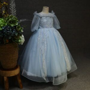 Blue starry sky shiny short-sleeved round-neck long floral children's dress, birthday party wedding dress