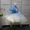 Blue and white gauze short floral children's dress, feather and flower design, suitable for birthday parties, graduation season